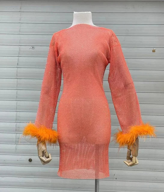 Weave Shiny Rhinestone Mini Dress Women Fashion Sexy See Through Cover-up Dresses Casual Loose Club Luxury Dress Ladies
