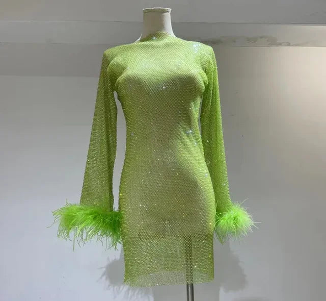 Weave Shiny Rhinestone Mini Dress Women Fashion Sexy See Through Cover-up Dresses Casual Loose Club Luxury Dress Ladies
