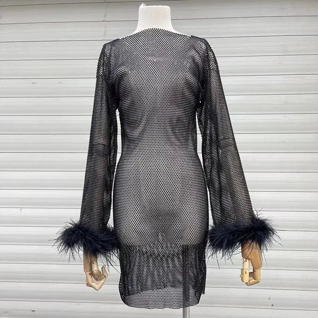 Weave Shiny Rhinestone Mini Dress Women Fashion Sexy See Through Cover-up Dresses Casual Loose Club Luxury Dress Ladies