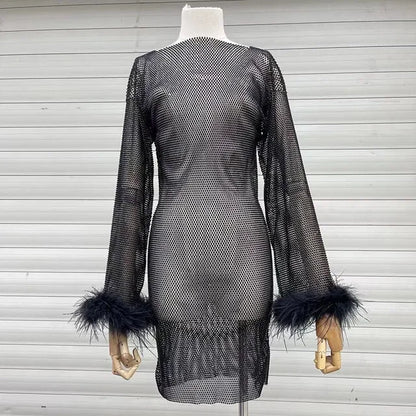 Weave Shiny Rhinestone Mini Dress Women Fashion Sexy See Through Cover-up Dresses Casual Loose Club Luxury Dress Ladies