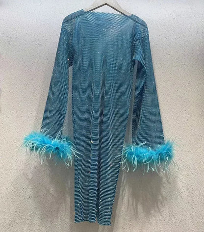 Weave Shiny Rhinestone Mini Dress Women Fashion Sexy See Through Cover-up Dresses Casual Loose Club Luxury Dress Ladies