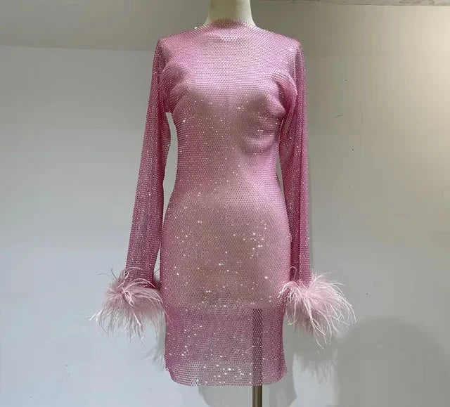Weave Shiny Rhinestone Mini Dress Women Fashion Sexy See Through Cover-up Dresses Casual Loose Club Luxury Dress Ladies