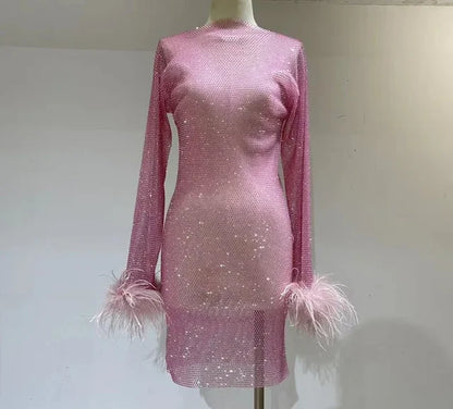 Weave Shiny Rhinestone Mini Dress Women Fashion Sexy See Through Cover-up Dresses Casual Loose Club Luxury Dress Ladies
