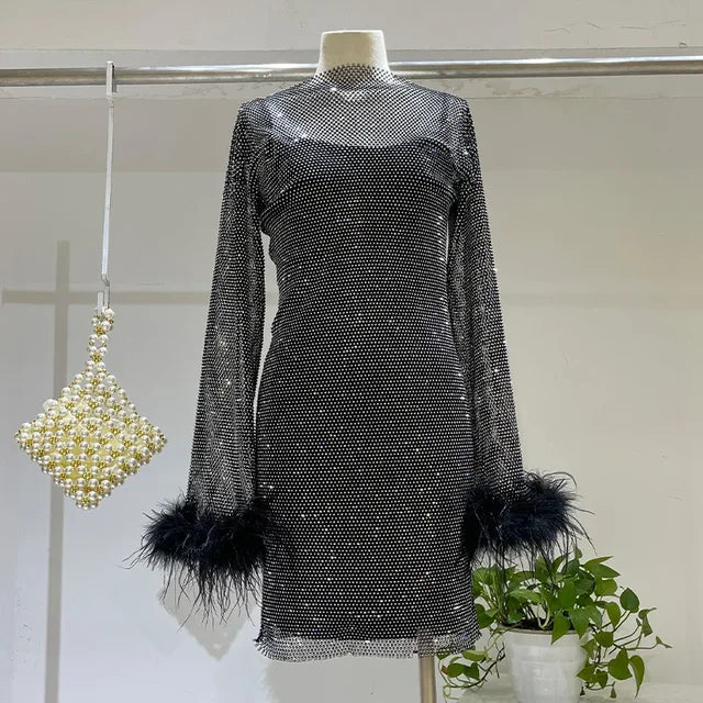 Weave Shiny Rhinestone Mini Dress Women Fashion Sexy See Through Cover-up Dresses Casual Loose Club Luxury Dress Ladies