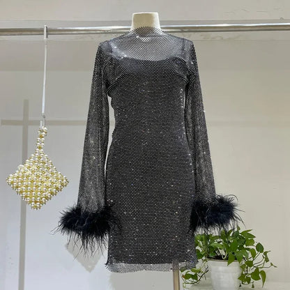 Weave Shiny Rhinestone Mini Dress Women Fashion Sexy See Through Cover-up Dresses Casual Loose Club Luxury Dress Ladies