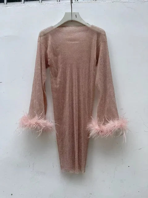 Weave Shiny Rhinestone Mini Dress Women Fashion Sexy See Through Cover-up Dresses Casual Loose Club Luxury Dress Ladies