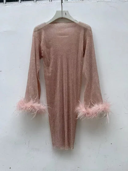 Weave Shiny Rhinestone Mini Dress Women Fashion Sexy See Through Cover-up Dresses Casual Loose Club Luxury Dress Ladies