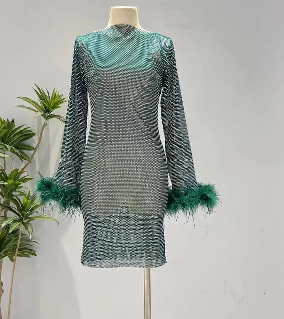 Weave Shiny Rhinestone Mini Dress Women Fashion Sexy See Through Cover-up Dresses Casual Loose Club Luxury Dress Ladies