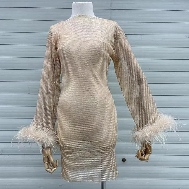 Weave Shiny Rhinestone Mini Dress Women Fashion Sexy See Through Cover-up Dresses Casual Loose Club Luxury Dress Ladies