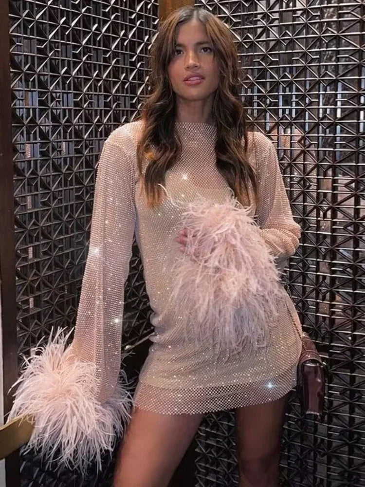 Weave Shiny Rhinestone Mini Dress Women Fashion Sexy See Through Cover-up Dresses Casual Loose Club Luxury Dress Ladies