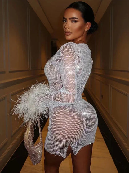 Weave Shiny Rhinestone Mini Dress Women Fashion Sexy See Through Cover-up Dresses Casual Loose Club Luxury Dress Ladies