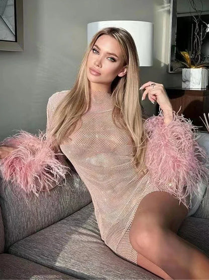 Weave Shiny Rhinestone Mini Dress Women Fashion Sexy See Through Cover-up Dresses Casual Loose Club Luxury Dress Ladies
