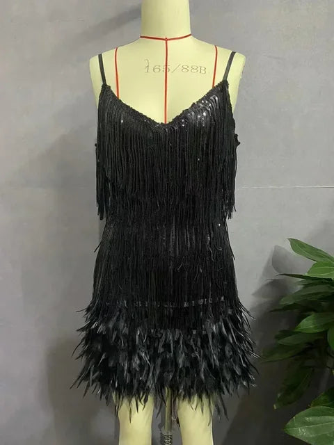 Tassel Sequins Dress Women Elegant Feather Spaghetti Straps Mini Dresses Summer Sexy Party Club Evening Dresses Vestidos