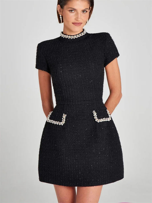 Tosssy Shiny Elegant Female MIni Dress Pocket Short Sleeve Patchwork Fashion Slim Party Dress Gown Women&#8217;s Glitter Vntage Dress