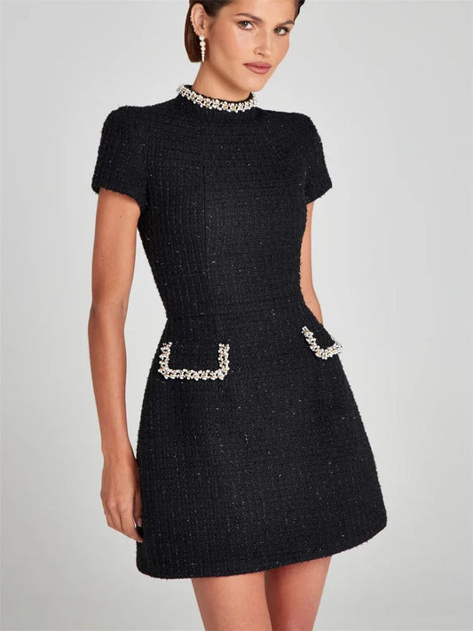 Tosssy Shiny Elegant Female MIni Dress Pocket Short Sleeve Patchwork Fashion Slim Party Dress Gown Women&#8217;s Glitter Vntage Dress