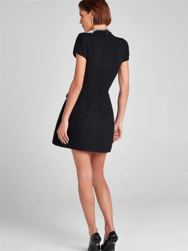Tosssy Shiny Elegant Female MIni Dress Pocket Short Sleeve Patchwork Fashion Slim Party Dress Gown Women&#8217;s Glitter Vntage Dress