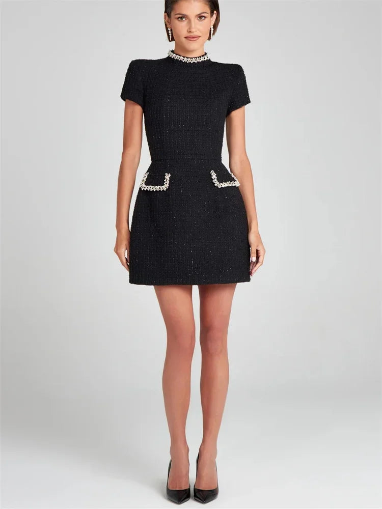 Tosssy Shiny Elegant Female MIni Dress Pocket Short Sleeve Patchwork Fashion Slim Party Dress Gown Women&#8217;s Glitter Vntage Dress