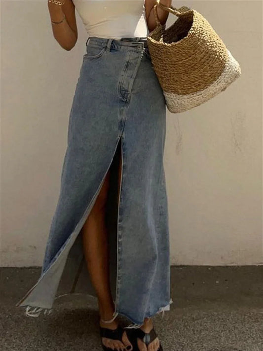 2025 New Casual High Waist Denim Skirts Women Spilt Out Maxi Jean Skirt Summer Holiday Long Skirts