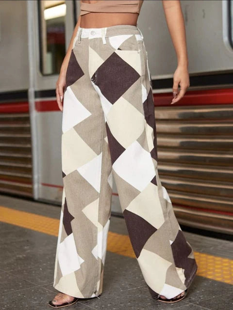 Argyle Plaid Casual Straight Pants Women High Waist Jeans Y2K Harajuku Aesthetic Trousers Checkered Streetwear 2025 New