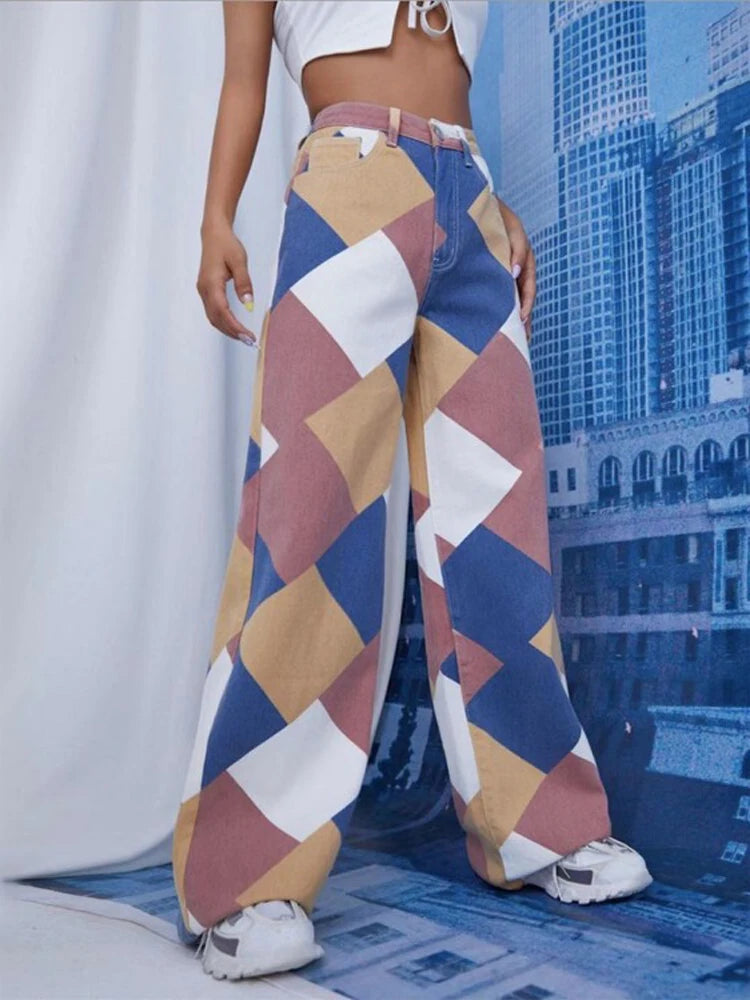 Argyle Plaid Casual Straight Pants Women High Waist Jeans Y2K Harajuku Aesthetic Trousers Checkered Streetwear 2025 New