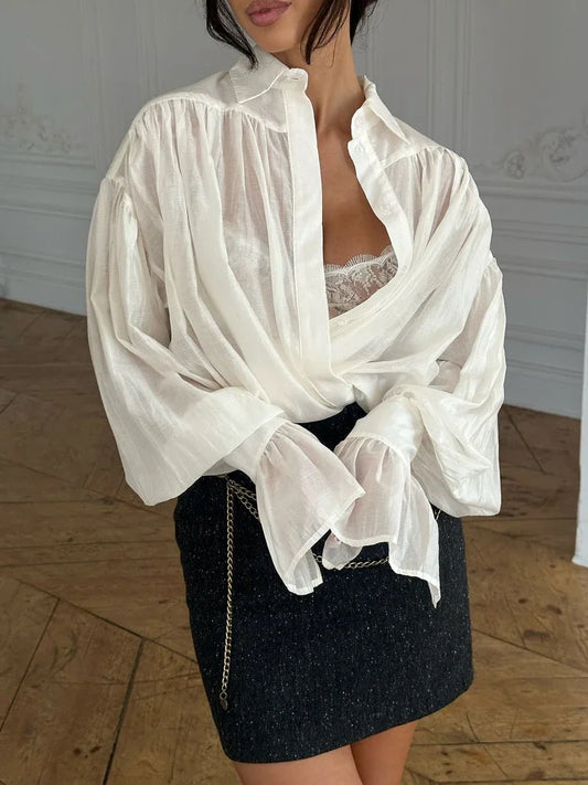 Loose Lapel See-Through Patchwork Blouse