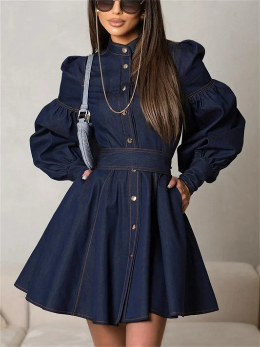 Fashion Lace-Up Denim Mini Dress For Women Patchwork High Waist Bandage Jean Streetwear Female Slim Casual Dress Autumn