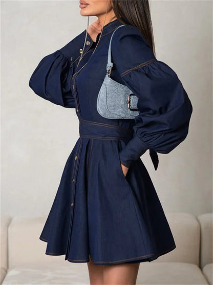 Fashion Lace-Up Denim Mini Dress For Women Patchwork High Waist Bandage Jean Streetwear Female Slim Casual Dress Autumn