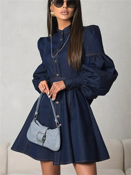Fashion Lace-Up Denim Mini Dress For Women Patchwork High Waist Bandage Jean Streetwear Female Slim Casual Dress Autumn