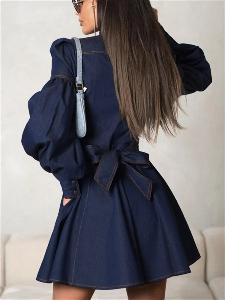Fashion Lace-Up Denim Mini Dress For Women Patchwork High Waist Bandage Jean Streetwear Female Slim Casual Dress Autumn