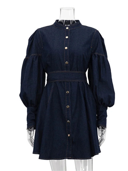 Fashion Lace-Up Denim Mini Dress For Women Patchwork High Waist Bandage Jean Streetwear Female Slim Casual Dress Autumn