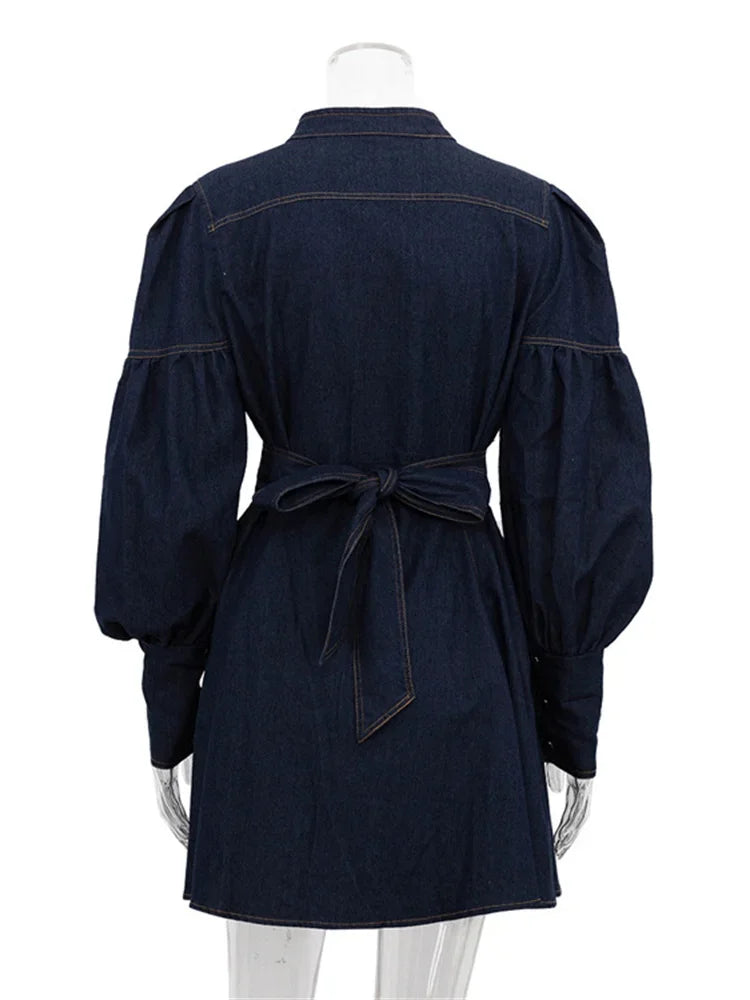 Fashion Lace-Up Denim Mini Dress For Women Patchwork High Waist Bandage Jean Streetwear Female Slim Casual Dress Autumn