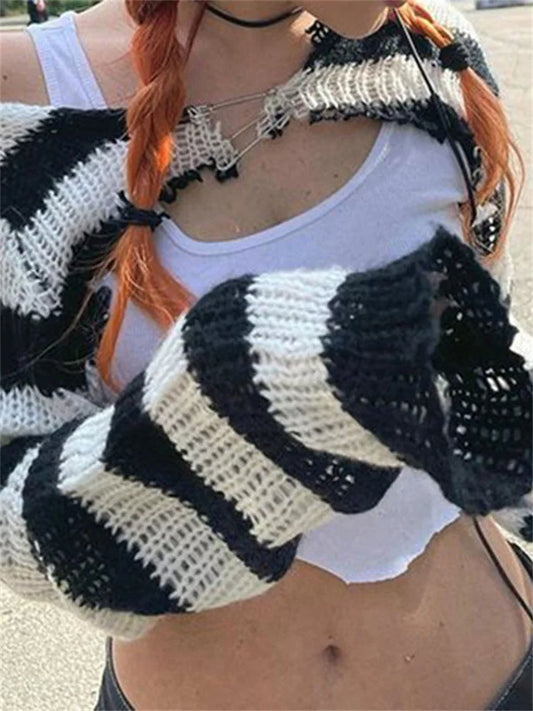 Knit Shrugs Tops For Women Black And White Striped Mini Cardigan Knitwear Long Sleeve Drop Shoulder Shrug Top Y2k E-girls