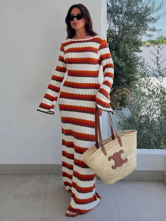 Striped Contrast Knit Maxi Dress Women Hollow Out Long Sleeve Cover up Summer Loose Ladies Dress High Waist Fashion Dress