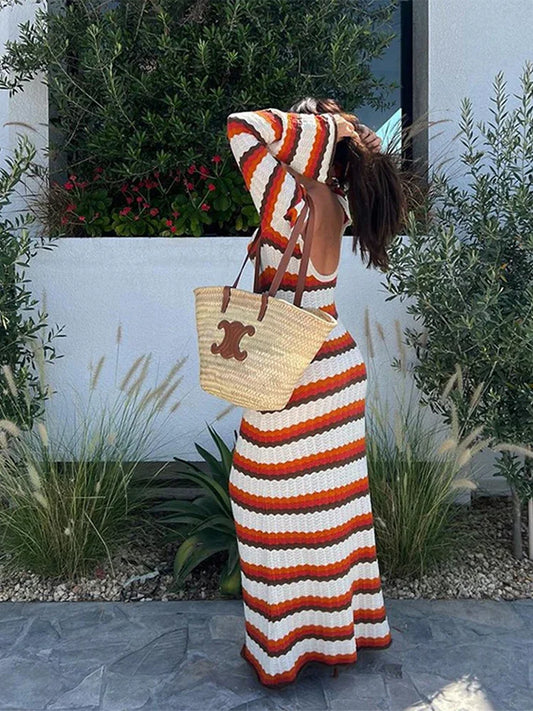 Striped Contrast Knit Maxi Dress Women Hollow Out Long Sleeve Cover up Summer Loose Ladies Dress High Waist Fashion Dress