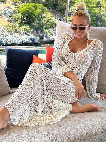 Summer Hollow Out V-Neck Cover up Maxi Dress &#8211; Women&#8217;s Beach Holiday See-Through Sexy High Waist Long Dress