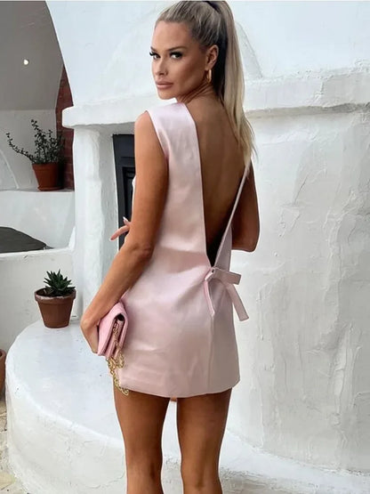 Tee Bow Backless Satin Mini Dress For Women Elegant Fashion Sleeveless Patchwork Party Dress Gown Female Solid Mini Dress