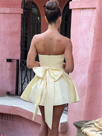 Tee Bow Bandeau Pleated Mini Dress For Women Fashion Sleeveless Patchwork Bandage Party Dress Female Lace-Up Y2k Dress New
