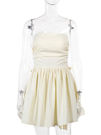 Tee Bow Bandeau Pleated Mini Dress For Women Fashion Sleeveless Patchwork Bandage Party Dress Female Lace-Up Y2k Dress New
