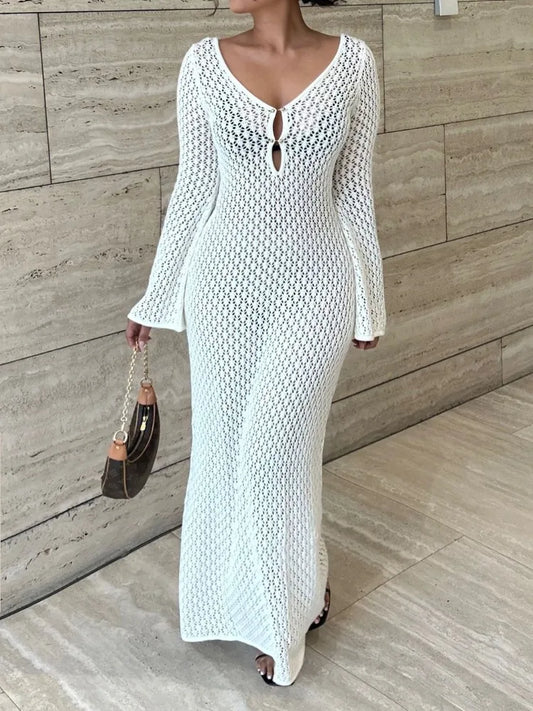 White Knit Fashion Cover up Maxi Dress &#8211; Female See-Through V-Neck Hollow Out Beach Holiday Dress
