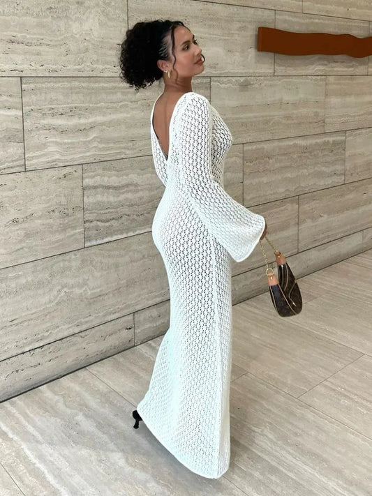 White Knit Fashion Cover up Maxi Dress &#8211; Female See-Through V-Neck Hollow Out Beach Holiday Dress