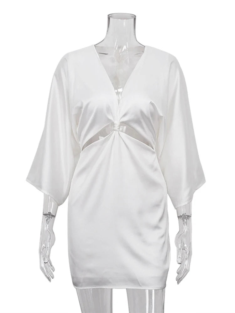 Women Hollow Out Deep V-neck Sexy Mini Dress Ladies Bow Satin Bodycon Dresses White Casual Fashion Streetwear Summer 2025