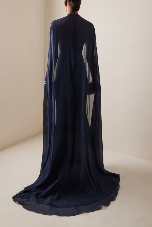 3D Flower Chiffon Cape Maxi Dress