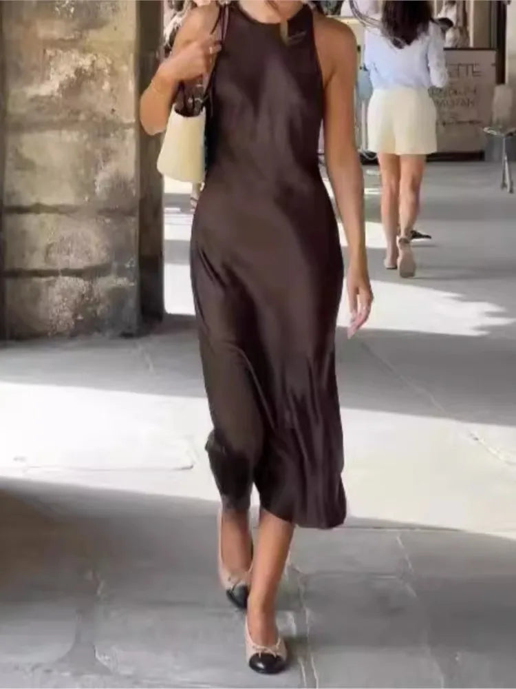 Women&#8217;s Elegant Satin Sleeveless Midi Dress Fashion Solid Color O Neck Slim Fit Dresses Female Stylish Street Party Vestido 2025