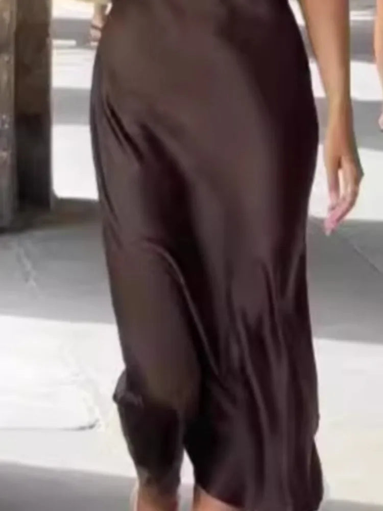 Women&#8217;s Elegant Satin Sleeveless Midi Dress Fashion Solid Color O Neck Slim Fit Dresses Female Stylish Street Party Vestido 2025