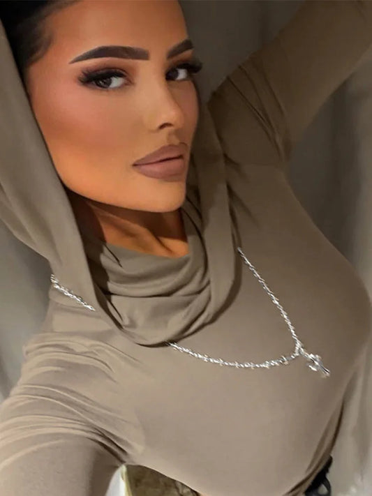 Women&#8217;s Hooded Crop Tops Autumn Solid Color Long Sleeve Cowl Neck Slim Fit Short T-Shirt Streetwear Sporty Basics Tees