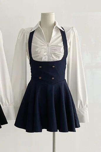 Y2K 3 Piece Set Women Cropped Coat + Long Sleeve Shirt + High Waist Halter Ruffles Mini Dress Korean Chic Fashion Sexy Outfits