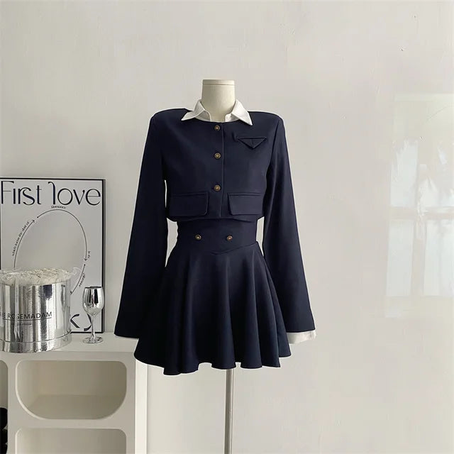 Y2K 3 Piece Set Women Cropped Coat + Long Sleeve Shirt + High Waist Halter Ruffles Mini Dress Korean Chic Fashion Sexy Outfits