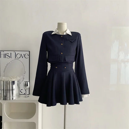 Y2K 3 Piece Set Women Cropped Coat + Long Sleeve Shirt + High Waist Halter Ruffles Mini Dress Korean Chic Fashion Sexy Outfits
