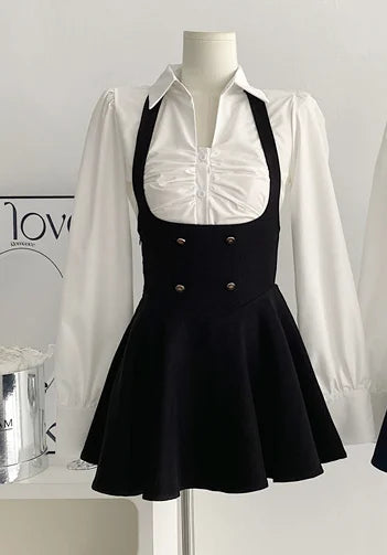 Y2K 3 Piece Set Women Cropped Coat + Long Sleeve Shirt + High Waist Halter Ruffles Mini Dress Korean Chic Fashion Sexy Outfits