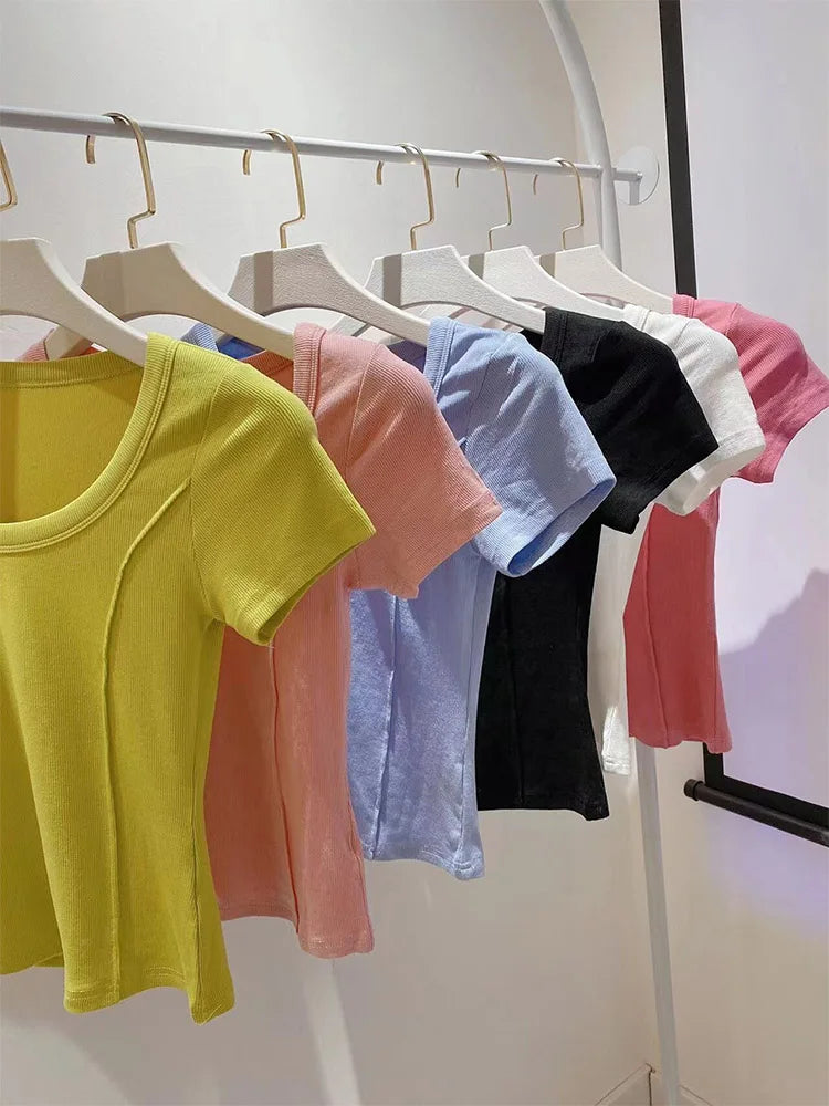 Y2K Sweet Cute Crop Top Pullovers Vintage Rib-Knit T Shirt Women Skin Contrast Topstitching Prepply Girls Tees